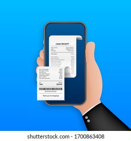 Receipt for smartphone screen. Pay tax online receipt Business card for mobile app design. Mobile bank app. Vector stock illustration.