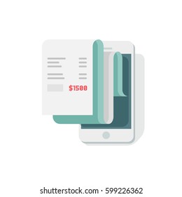 Receipt in smartphone vector illustration, flat style mobile phone with invoice bill paper, concept of online payment, finance, tax