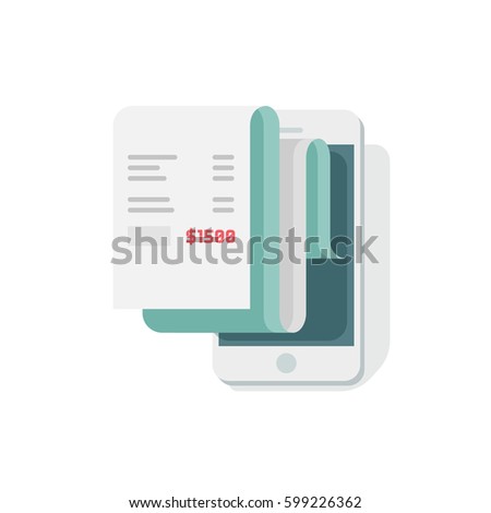 Receipt in smartphone vector illustration, flat style mobile phone with invoice bill paper, concept of online payment, finance, tax