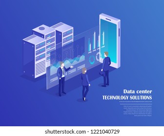 Receipt of statistics data, mobile bank, financial transaction, business planning. Smartphone, businessmans in data center room, working group isometric vector.