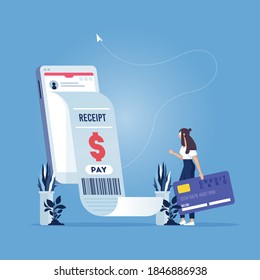 Receipt of statistics data, notification on financial transaction, mobile bank, smartphone with a paper bill. Analysis and statistic online services
