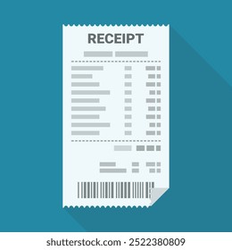 Receipt from a store on a blue background in flat design style