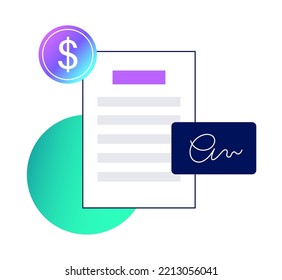 Receipt or tax form template. Payment process, paper check concept. Income, bill and taxation. Financial document with text, stamp and signature. Purchase, transaction and business vector illustration
