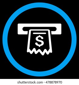 Receipt Terminal vector bicolor rounded icon. Image style is a flat icon symbol inside a circle, blue and white colors, black background.