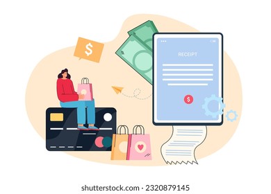Mujer pequeña y receptora en una enorme ilustración vectorial de tarjeta de crédito. Dibujo de caricatura de una chica que paga facturas por compras, bolsas de compras. Compras en línea, pagos, transacciones, tecnología, concepto bancario