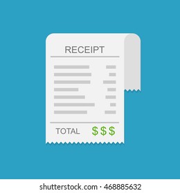 Receipt vector icon in a flat style. Invoice icon, total bill icon with dollar symbol on blue background