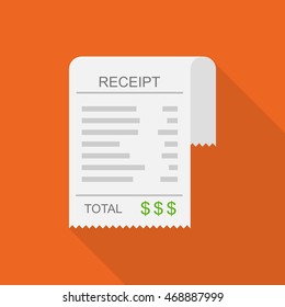Receipt vector icon in a flat style. Invoice icon, total bill icon with dollar symbol on red background with shadow.