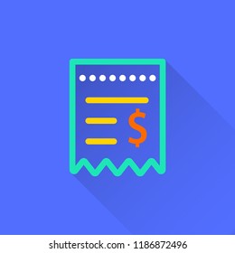 Receipt vector icon with long shadow. Illustration isolated on blue background for graphic and web design.