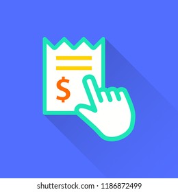 Receipt vector icon with long shadow. Illustration isolated on blue background for graphic and web design.