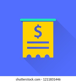 Receipt vector icon with long shadow. Illustration isolated on blue background for graphic and web design.