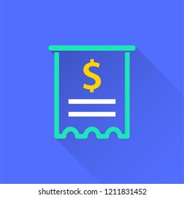 Receipt vector icon with long shadow. Illustration isolated on blue background for graphic and web design.