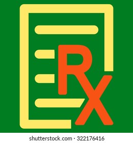 Receipt vector icon. Style is bicolor flat symbol, orange and yellow colors, rounded angles, green background.