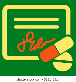 Receipt vector icon. Style is bicolor flat symbol, orange and yellow colors, rounded angles, green background.