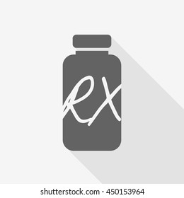 Receipt vial, pill bottle with shadow and lettering rx. Vector illustration