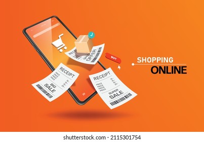 Receipt,parcel box and order confirmation icon floating in the air above the smartphone screen and there is cart icon on the screen all floating over an orange background,vector 3d for online shopping