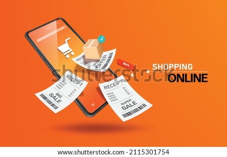 Receipt,parcel box and order confirmation icon floating in the air above the smartphone screen and there is cart icon on the screen all floating over an orange background,vector 3d for online shopping