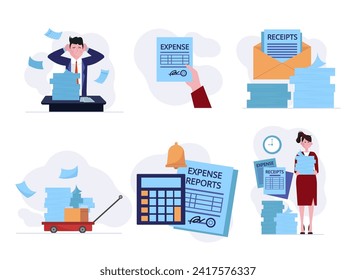 Receipts and expense reports vector illustration set. Businessman with unpaid invoices, female accountant with documents, stack of receipts, calculator and expense form. Bookkeeping, finance concept