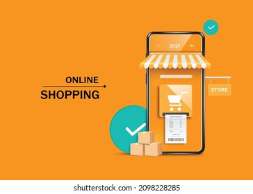 Receipts flowing from cart icon. and all on the smartphone store screen And there is an order stand icon with a parcel box placed next to it for online shopping cocept,vector 3d on orange background