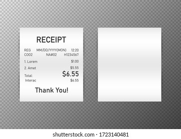 Receipts mini of realistic payment paper bills for cash or credit card transaction on transparent background. Vector illustration.