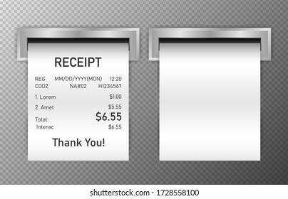 Receipts mini of realistic payment paper bills for cash or credit card transaction on transparent background. Issuance of a check. Vector illustration.