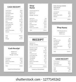 Receipts printed bills. Checks receipt print bill amount buy choice paper check cost cash retail pay price purchase document set