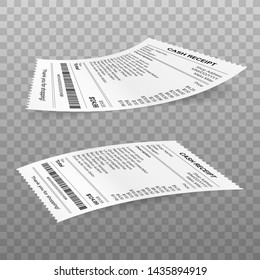 Receipts vector illustration of realistic payment paper bills for cash or credit card transaction. Vector stock illustration.