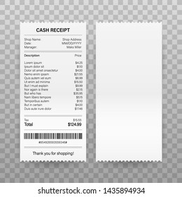 Receipts vector illustration of realistic payment paper bills for cash or credit card transaction. Vector stock illustration.