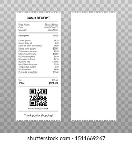 Receipts vector illustration of realistic payment paper bills for cash or credit card transaction. Vector illustration.