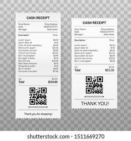 Receipts vector illustration of realistic payment paper bills for cash or credit card transaction. Vector illustration.