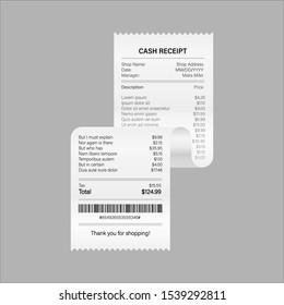 Receipts vector illustration of realistic payment paper bills for cash or credit card transaction. Vector stock illustration.