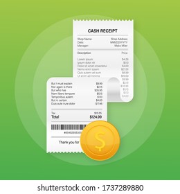 Receipts vector illustration of realistic payment paper bills for cash or credit card transaction. Vector stock illustration.