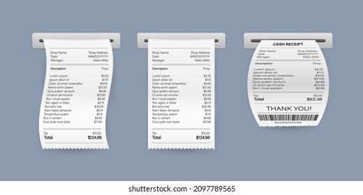 Ilustración vectorial de recibos de facturas de papel de pago realistas para transacciones de efectivo o tarjeta de crédito. Ilustración de material vectorial.