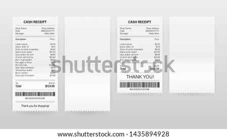 Receipts vector illustration of realistic payment paper bills for cash or credit card transaction. Vector stock illustration.