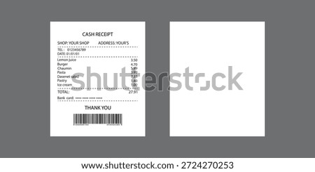 Receipts vector illustration of realistic payment paper bills for cash or credit card transaction.