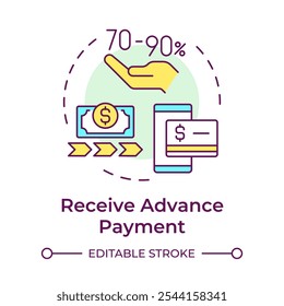 Receive advanced payment multi color concept icon. Factoring process. Dollar bill with arrows indicating cash flow. Round shape line illustration. Abstract idea. Graphic design. Easy to use in article