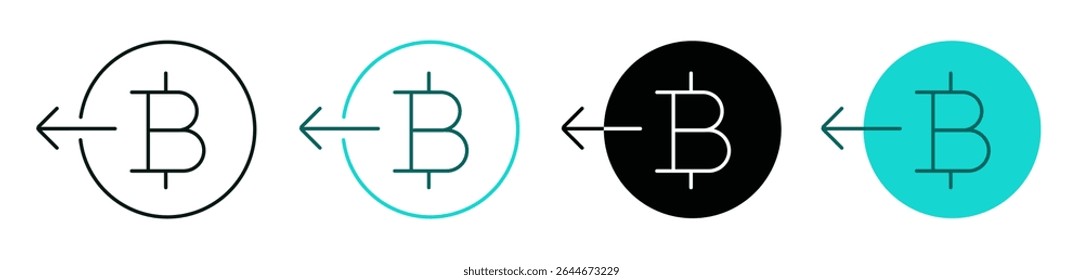 Receber conjunto de ícones de bitcoin. Cor preta e verde. Criptomoeda, dinheiro, negócio ou conceito de investimento. Símbolo de moeda com seta para a esquerda para web, interface do usuário ou aplicativo. Traçado vetorial editável.