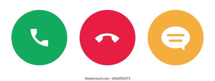 Receive call, accept, reject call and text message icon set in colorful style. Pick up call, end call and SMS button vector collection for user interface design.