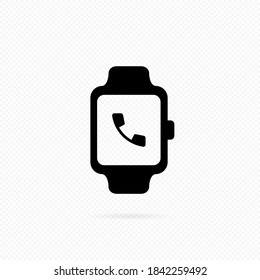Receive calling on smartwatch icon. Calling on smartwatch. Smart watch incoming call vibration. Smartwatch showing handset call. Vector on isolated transparent background. EPS 10.
