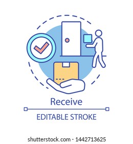 Receive concept icon. Shipping service idea thin line illustration. Parcel delivery. Online shopping. Digital purchase. Courier service. Vector isolated outline drawing. Editable stroke