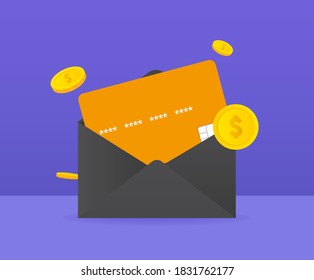 receive a credit card full of points illustration set. letter, gift, envelope, coin. Vector drawing. Hand drawn style.