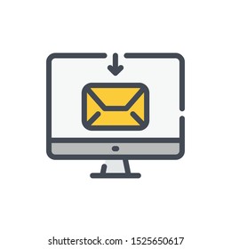 Receive email color line icon. Computer with incoming mail vector outline colorful sign.
