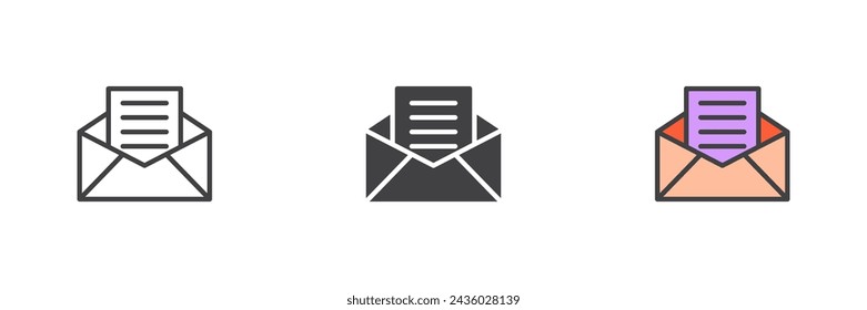 Receive email different style icon set. Line, glyph and filled outline colorful version, outline and filled vector sign. Envelope with letter symbol, logo illustration. Vector graphics