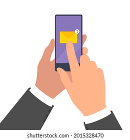 Receive e-mail notification. Hands are holding a smartphone. Vector illustration isolated on white background.