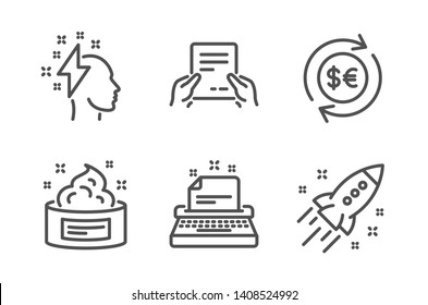 Receive file, Brainstorming and Money currency icons simple set. Typewriter, Skin cream and Startup rocket signs. Hold document, Lightning bolt. Business set. Line receive file icon. Editable stroke