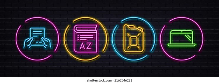Receive file, Canister oil and Vocabulary minimal line icons. Neon laser 3d lights. Laptop icons. For web, application, printing. Hold document, Gasoline fuel, Book. Computer. Vector