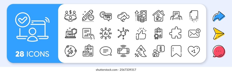 Receive file, Document and Inflation line icons. Interest rate, AI generate, Inflation icons. Pack of Green electricity, Puzzle, Online access icon. Vector