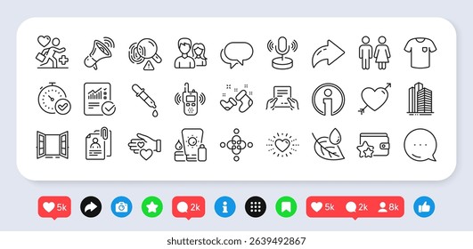 Receive file, Heart and Loyalty program line icons pack. Social media: share, comment, like icons. Info, Fast verification , T-shirt web icon. Inclusion, Talk bubble, Love pictogram. Vector