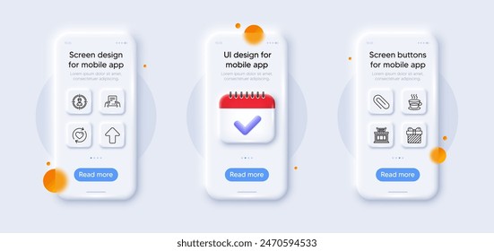 Reciba el paquete de iconos de archivo, Clip de papel y línea de la tienda. Maquetas de teléfono 3d con calendario. Pantalla de cristal para smartphone. Taza de café, Cargar, icono de Web sorpresa. Relaciones Actualizar, Pictograma cazatalentos. Vector