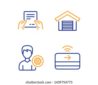 Receive file, Parking garage and Support icons simple set. Contactless payment sign. Hold document, Car place, Edit profile. Financial payment. Business set. Linear receive file icon. Vector