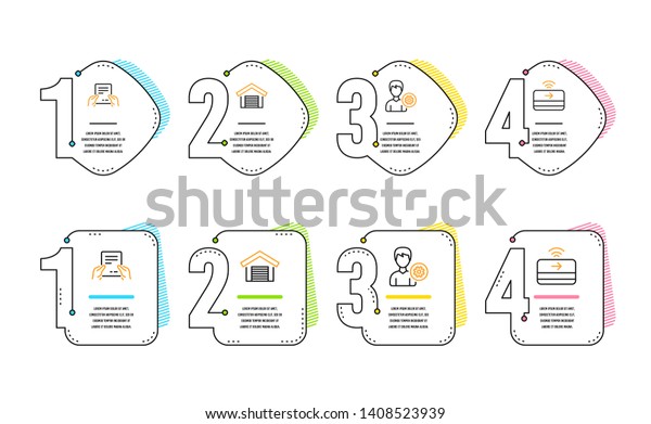 Receive file, Parking garage and Support icons\
simple set. Contactless payment sign. Hold document, Car place,\
Edit profile. Financial payment. Business set. Infographic\
timeline. Vector